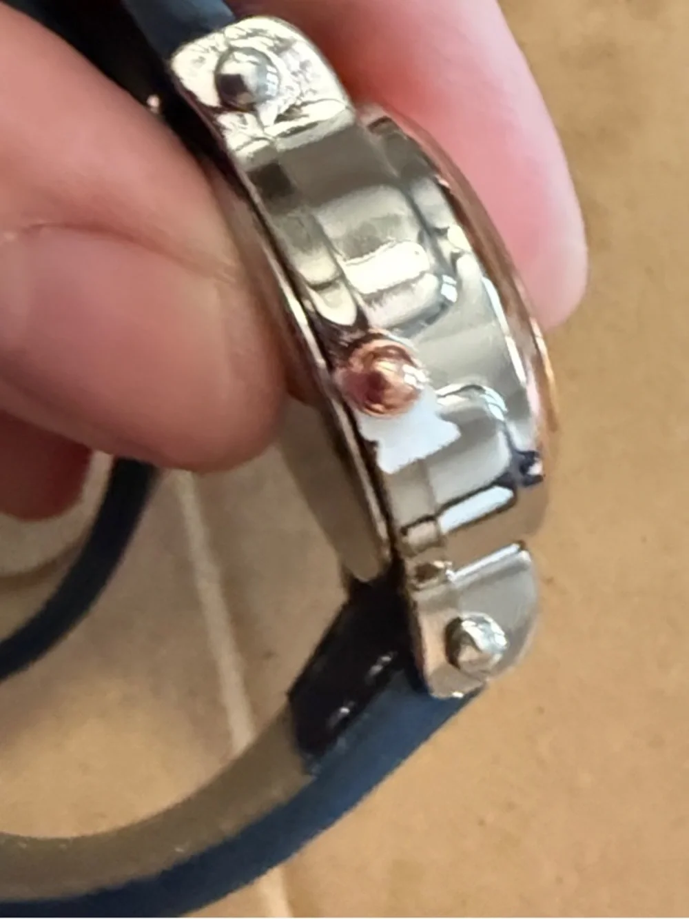 Unique double-wrap band watch: Navy faux leather and “rubies”
